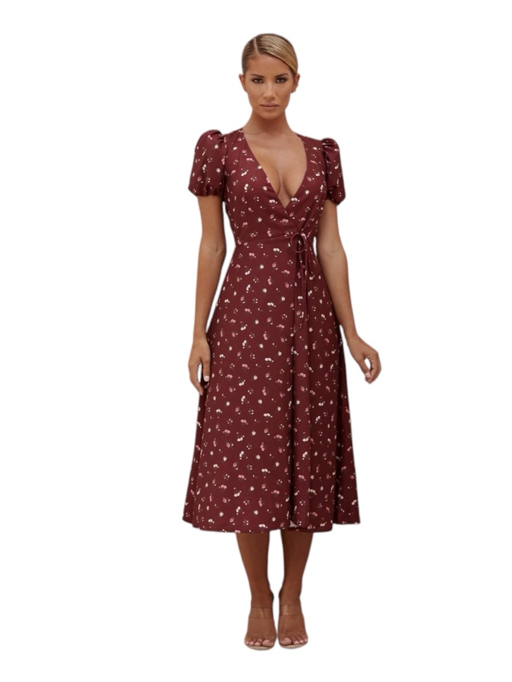 House of CB ‘Justina’ Wine Floral Wrap Midi Dress Size Medium